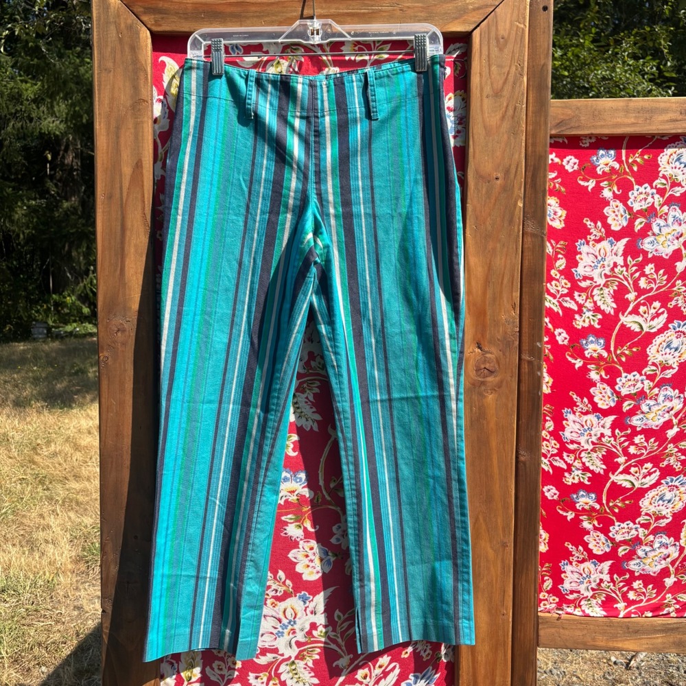 Retro Chic Blue Striped‎ Funky Mid Rise Cropped Pants Women's Size Small